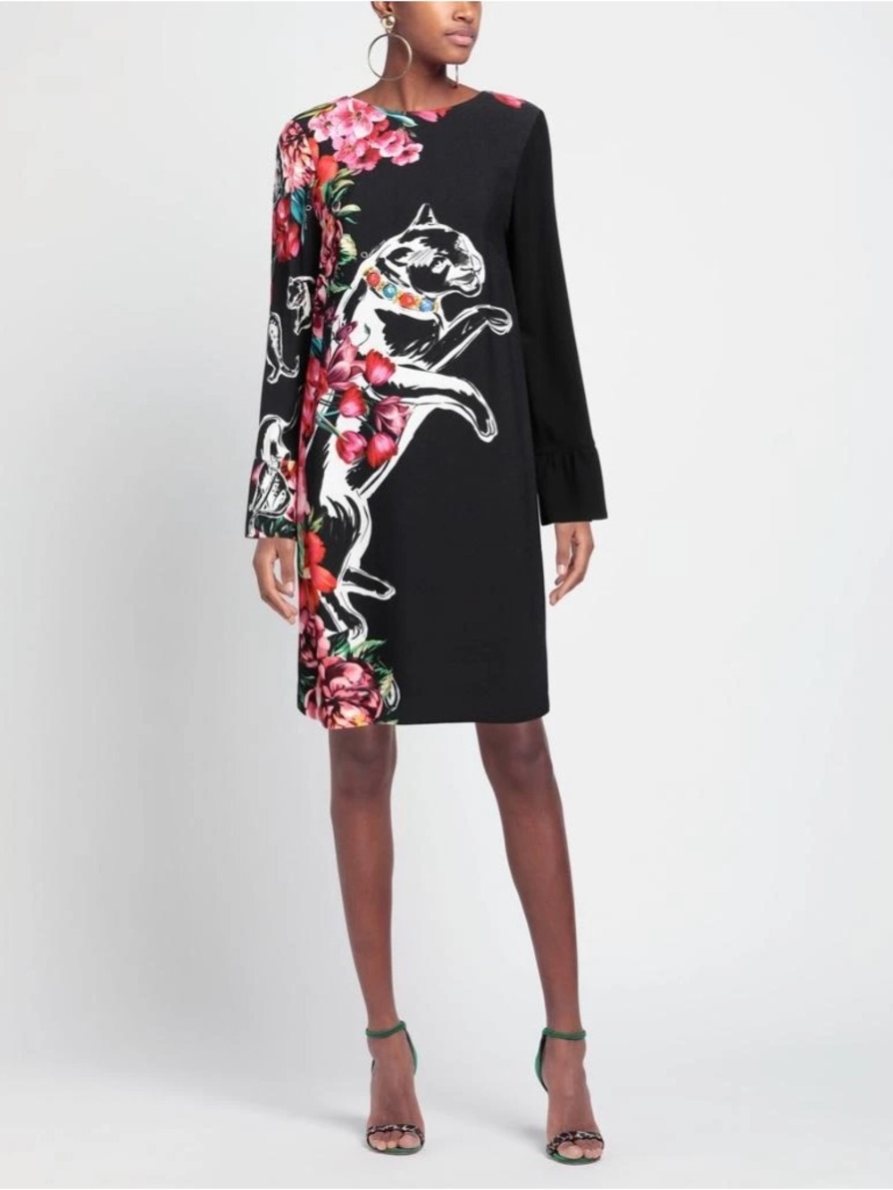 Roberto Cavalli Black Shift Dress with Pink & Red Floral and White Cat Motif—10